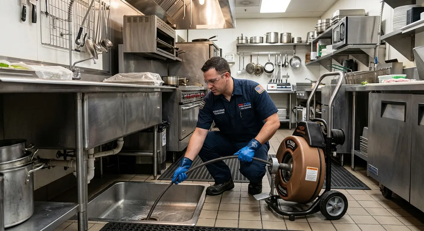 Commercial drain cleaning service in a restaurant kitchen in Elmsford
