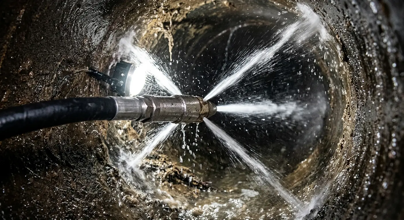 High-pressure hydro jetting nozzle cleaning sewer pipe for Storm Drain Cleaning in Elmsford