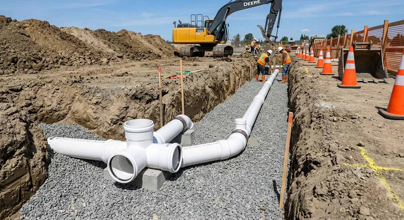 New PVC sewer pipe installation in open trench for Sewer Backup in Elmsford