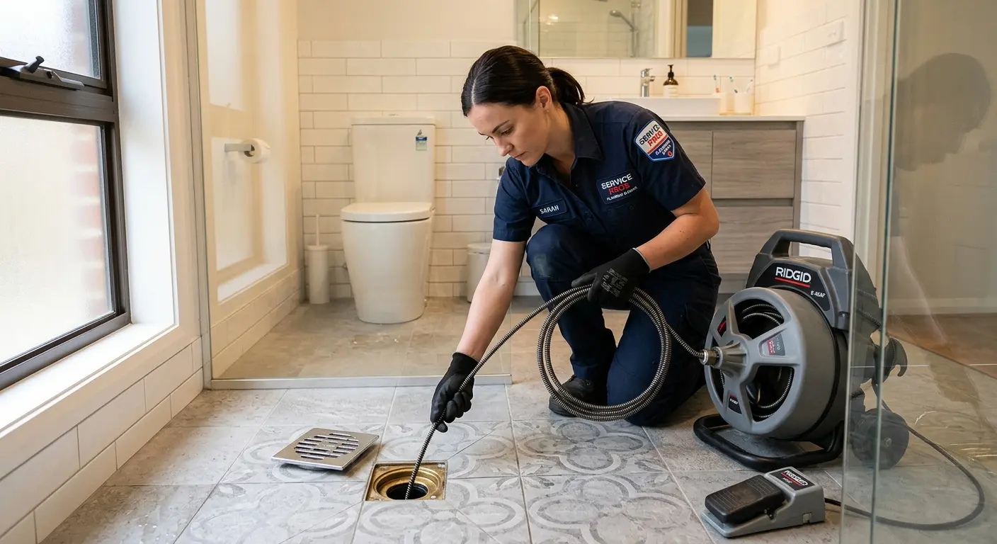 Technician clearing a bathroom floor drain for Drain Cleaning in Elmsford